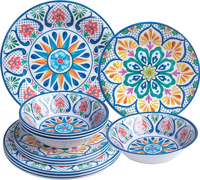 Melamine Dinnerware Sets 12-Piece Dinner Dishes Set for 4 Durable &amp Non Breakable Plates Bowls Set Shatterproof BPA-Free Dishware for Outdoor DiningPicnicCampingRV–Paisley Design