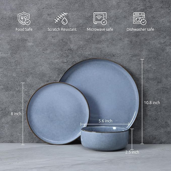 E-far Dinnerware Sets for 4 16-Piece Stoneware Plates and Bowls Set Reactive Glaze Dishes Dinning Ware Set Chip &amp Scratch Resistant Microwave &amp Dishwasher Safe - Ocean Blue