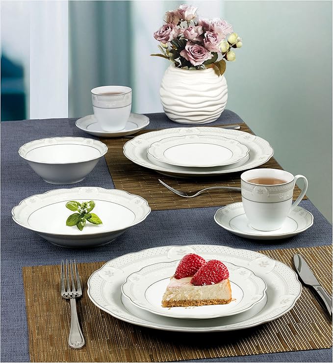 Stylish and Elegant 24 Pieces Porcelain Dinnerware Set Service for 4 People for Hosting Parties and Events - Atara 24 Piece Wavy
