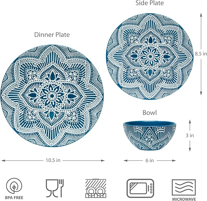 Bzyoo 12-Piece Ceramic Dinnerware Set: La La Mandala Blue Dish Set Design for Every Occasion - Microwave &amp Dishwasher Safe Stackable Plates Bowls