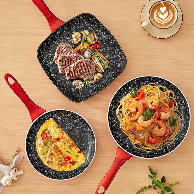 BEZIA Nonstick Frying Pans Set 3 Piece Skillets and Frying Pans 9.5 11 10.2 Inch Dishwasher Safe Kitchen Cooking Pan Non Stick Pan for induction cooktop Omelette Egg Pan with Stay Cool Handle