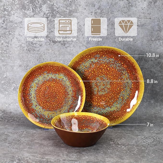 FINE&ampNICE Melamine Dinnerware Set of 12Pcs Dish Set for 4 Lightweight Unbreakable Plate and Bowl Set for Patio RV and Camping Dishwasher SafeRusty Brown