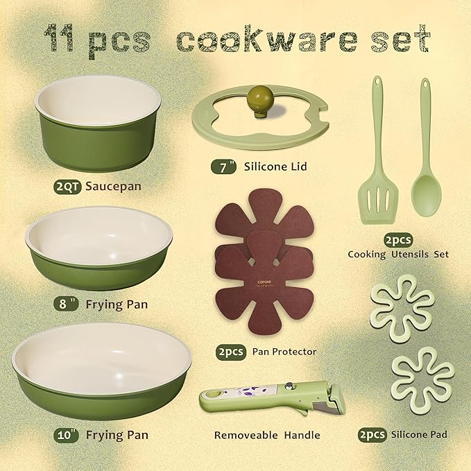 CAROTE 11pcs Ceramic Cookware Set Pots and Pans Set Non stick Induction Kitchen Cookware with Removable Handle RV Dishwasher ＆ Oven Safe RV/Camping Cookware PFOA Free Green