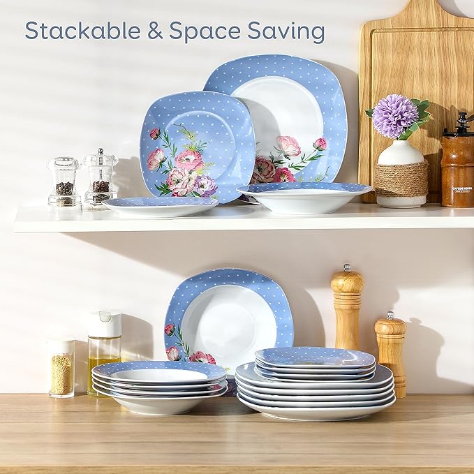 VEWEET'Hannah' 18-Piece Dinner Set Porcelain Dinnerware Set for 6 People with 6 Dessert Plates 180 ml Soup and Dinner Plates
