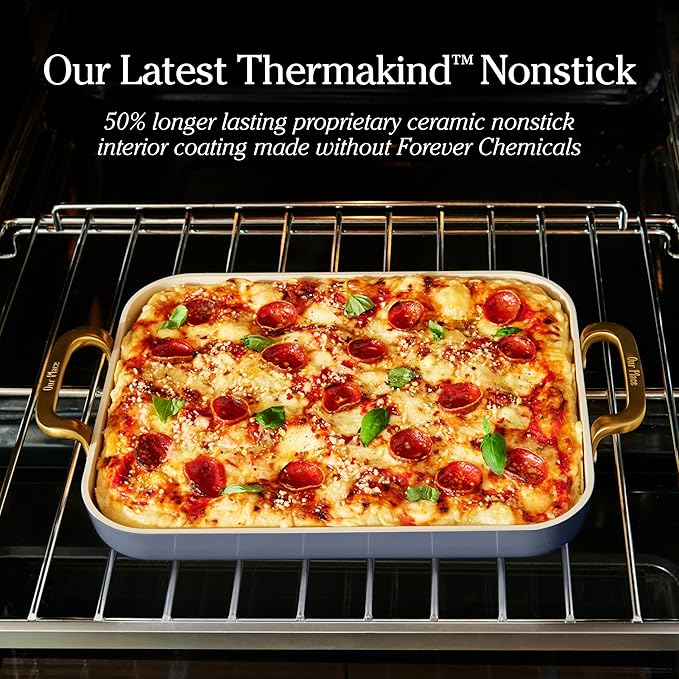 Our Place Essentials 4-Piece Griddle Pan Set | Nonstick Griddle Standard &amp Mini with Reusable Silicone Oven Mats | Thermakind™ PFAS-Free Nonstick Oven Safe Stovetop to Oven Versatility | Cream