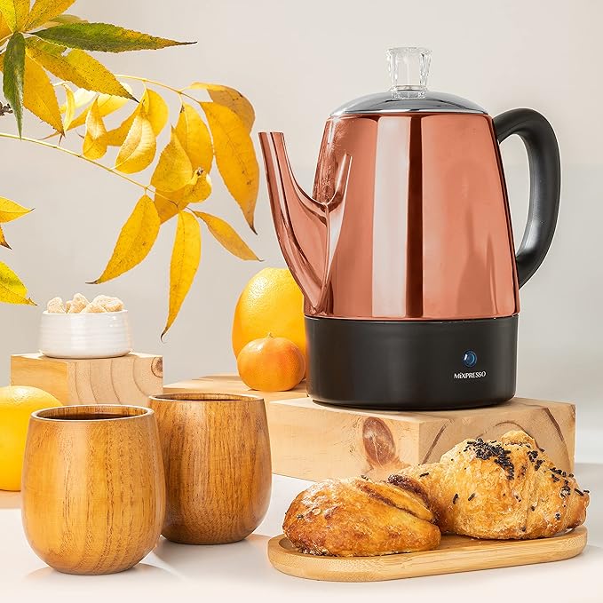 Mixpresso 4 Cup Percolator Coffee Pot Electric Copper Stainless Steel Coffee Percolator Electric With Keep Warm Function Classic Perculator Pot With Removable Basket for Home or Office