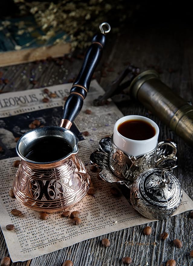 DEMMEX Thickest Copper Turkish Greek Arabic Coffee Pot Stovetop Coffee Maker Cezve Ibrik Briki with Wooden Handle &amp Spoon Hand Engraved