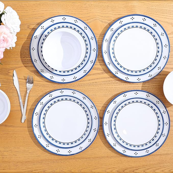 Melamine Dinnerware Set 12pcs Plates and Bowls Set Blue Dinner Dishes Set for Indoor and Outdoor BPA-Free Dishwasher Safe Blue