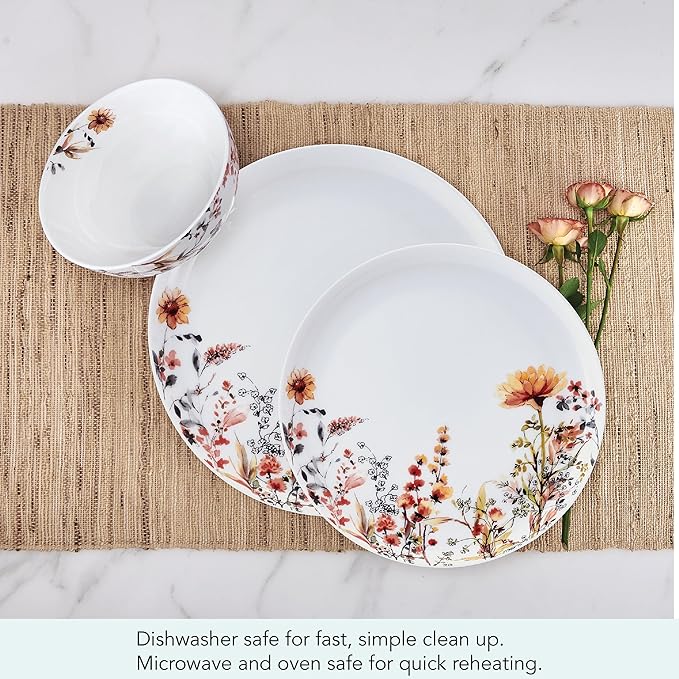 Mikasa Wildflower Bliss 12 Piece Floral Bone China Durable Chip Resistant Lightweight Dinnerware Set Service for 4