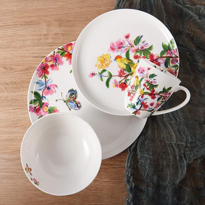 Mikasa Butterfly Garden Bone China Lightweight Chip Resistant 16-Piece Dinnerware Set Service For 4