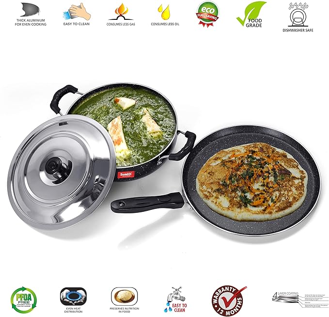 Sumeet NonStick Sparkle Induction Cookware Set of 2 Pcs (Tawa - 26.5Cm Kadhai - 22Cm - 2 Ltr)