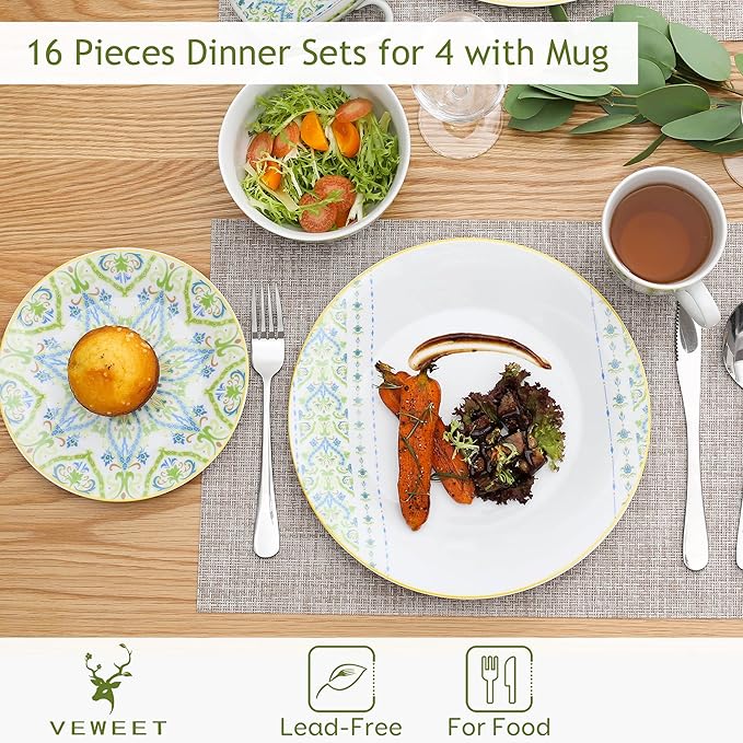 VEWEET Series Magda 16-Piece Dinner Set of Porcelain Combination Set with 10.75 Dinner Plate 7.5 Dessert Plate 5.5 Cereal Bowl and 380ml Mug Service for 4