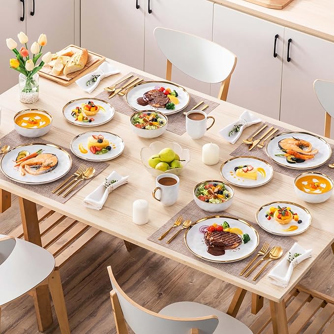 LOVECASA 16 Pieces Plates and Bowls Sets Porcelain White and Gold Dinnerware Sets Round Dinner Plates Dishes Set Service for 4 Dishwasher Safe and Scratch Resistant White