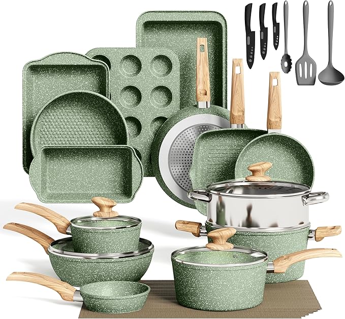 MAISON ARTS Pots and Pans Set Non Stick 30 Piece Kitchen Cookware &amp Bakeware Sets with Granite Coating Pots and Pans Sets for Cooking Nonstick Green