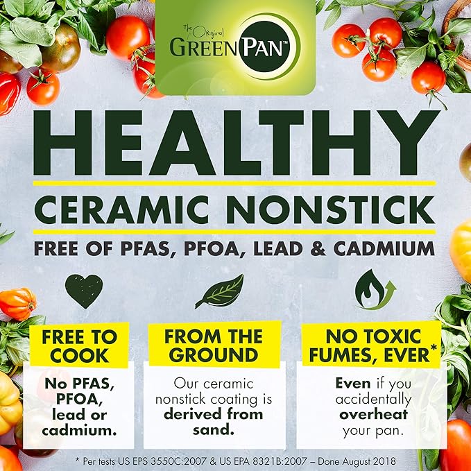 GreenPan Chatham ceramic Non-Stick 10Pc Cookware Set Grey - &amp Lima 11 Ceramic Non-Stick Square Griddle Grey -