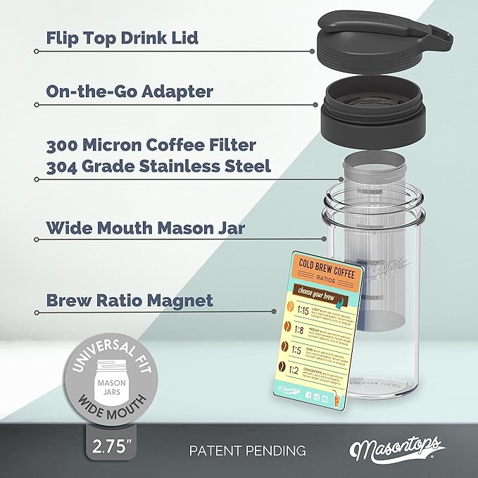 Masontops Cold Brew Makers Kit - Deluxe Iced Coffee Maker with Glass Pitcher &amp Stainless Steel Mesh Filter - Easy Pour Fridge Cold Brewer System
