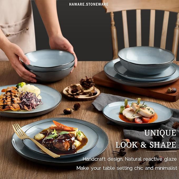 HaWare Plates and Bowls Set Stoneware Dinnerware Sets 24-Piece Hand-painted Dishware for 6 Ceramic Dinner Set for Home Kitchen Scratch Resistant Microwave and Dishwasher Safe Reactive Foggy Blue