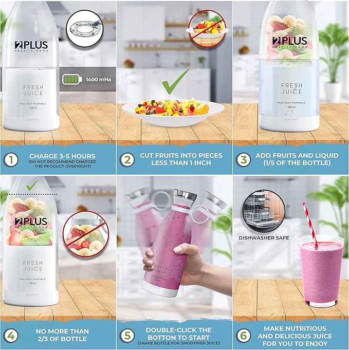 2Plus Portable Blender – 350ml Fresh Juice mini–Bottle Blender with BPA-Free – USB Rechargeable Personal Blender Cup for Smoothies Shakes Juices– Leakproof Handheld Blender for Travel Office Gym