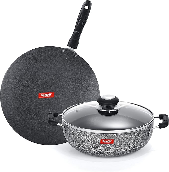 SUMEET Aluminium NonStick Air Head Cookware Set (Silver Kadhai with Glass Lid -2Ltr - 22Cm Diameter Conceive/Roti Tawa - 28Cm Dia)