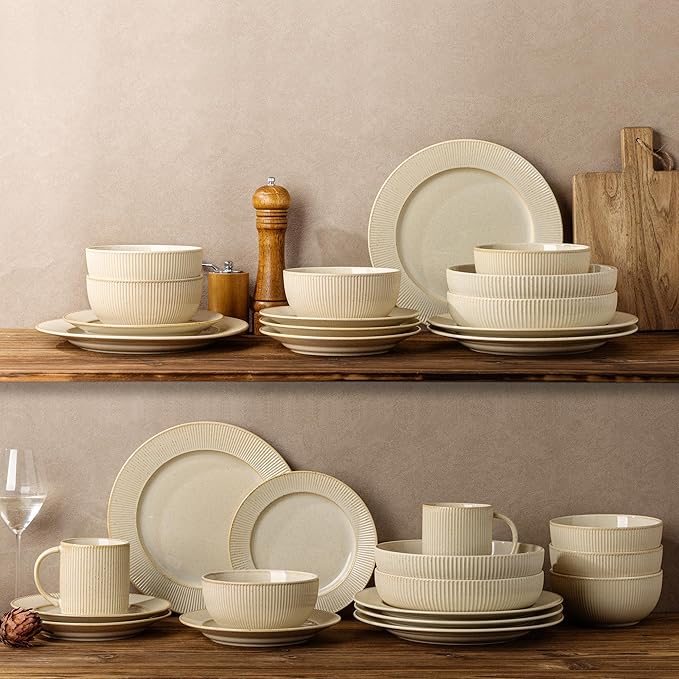 TheTerra Stoneware Dinnerware Sets for 4 12 Pieces Ceramic Plates and Bowls Sets Scratch Resistant Embossed Dish Set Oven Microwave &amp Dishwasher Safe Cappuccino