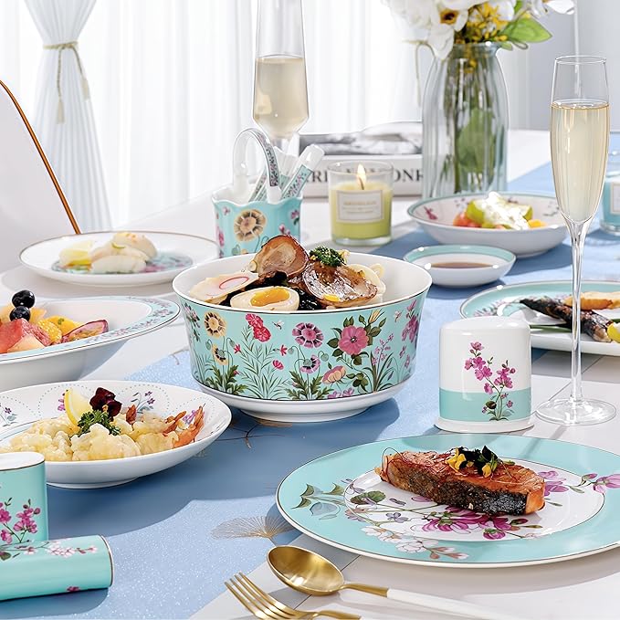 Fine Bone China Dinnerware SetPorcelain&ampCeramic Dinnerware SetsBone Stoneware &amp Ceramic Cookware Tableware Set Includes Dinner Plates|Spoons|Pasta Bowls|Soup Pot|Chopsticks (26PCS * 6-Person