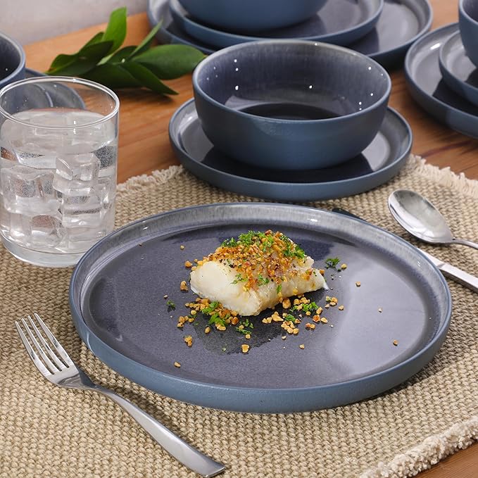 Gibson Elite Reactive Stoneware Dinnerware Set - Tahoe Sunset Matte Exterior &amp Shiny Interior Blue | 12-Piece – Plates and Bowls Durable Everyday Dish Set Microwave &amp Dishwasher Safe