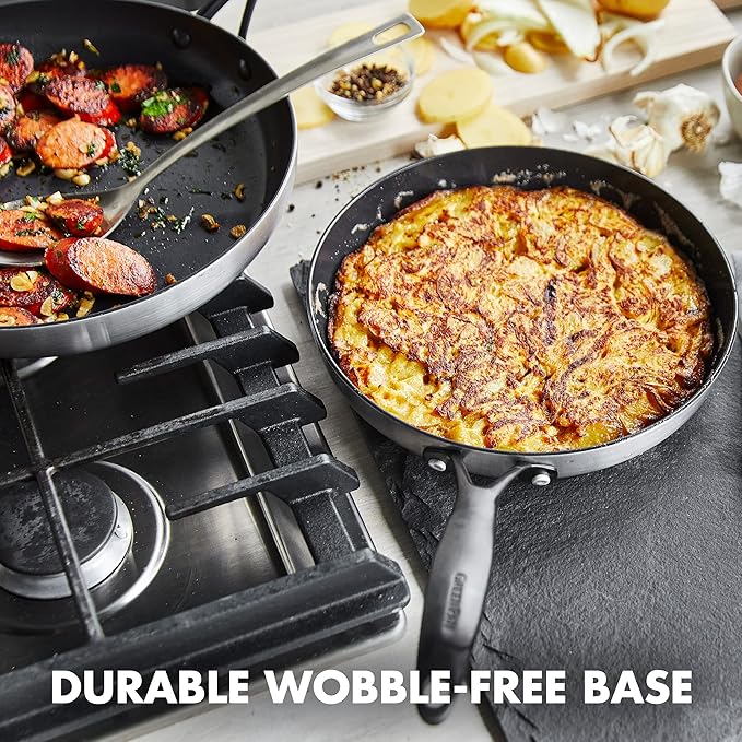 GreenPan Venice Pro Noir Tri-Ply Stainless Steel Healthy Ceramic Nonstick 10 and 12 Frying Pan Skillet Set Matte Black Handle PFAS-Free Multi Clad Induction Dishwasher Safe Oven Safe Silver