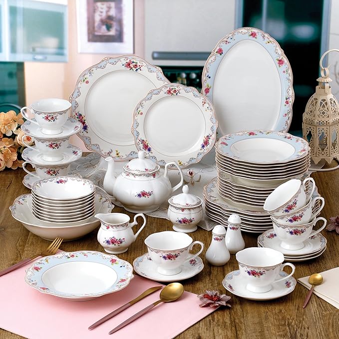 Joseph Sedgh Collection Romantic Bloom 57-Piece Bone China Dinnerware Set Service for 8 Floral with Blue and Gold Trim