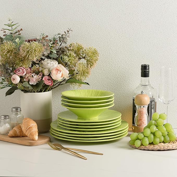 MissYIP 12 Pcs Melamine Dinnerware Set - Unbreakable Melamine Dish Set Setervice for 4Dishwasher Safe Melamine Plates and Bowls - Ideals for Party CampingIndoor and Outdoor Use(Light Green)