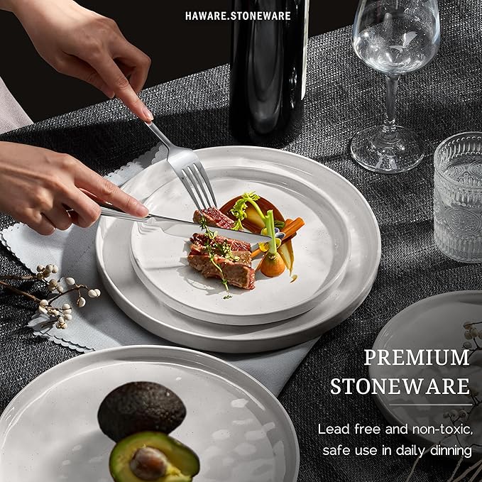 HaWare Dinnerware Sets 12-Piece Plates and Bowls Set Stoneware Dish Set for 4 Ceramic Dinnerware for Home Restaurant Chip and Scratch Resistant Microwave and Dishwasher Safe Speckled White