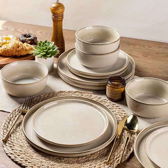 AmorArc Stoneware Dinnerware SetsRound Reactive Glaze Plates and Bowls SetHighly Scratch Resistant | Dishwasher &amp Microwave Safe Dishes SetService for 4 (12pc)