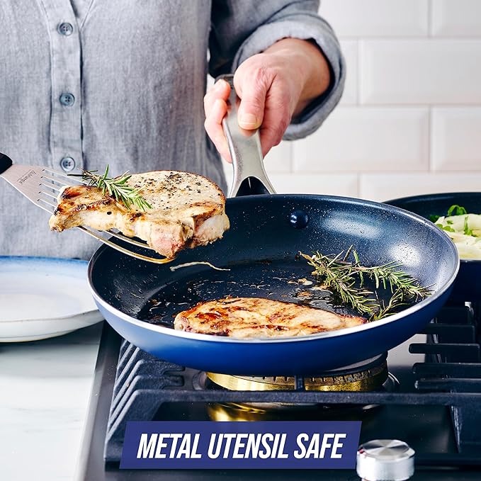 Blue Diamond Cookware Diamond Infused Ceramic Nonstick 4 Piece Cookware Pots and Pans Set PFAS Free Dishwasher Safe Oven Safe Blue