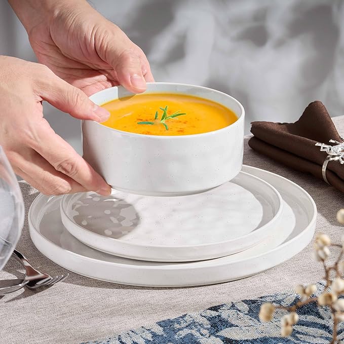 Herogo 18 Pieces Plates and Bowls Sets for 6 Stoneware Dinnerware Set for Kitchen Ceramic Dinner Dishware Dishwasher &amp Microwave Safe Speckled White