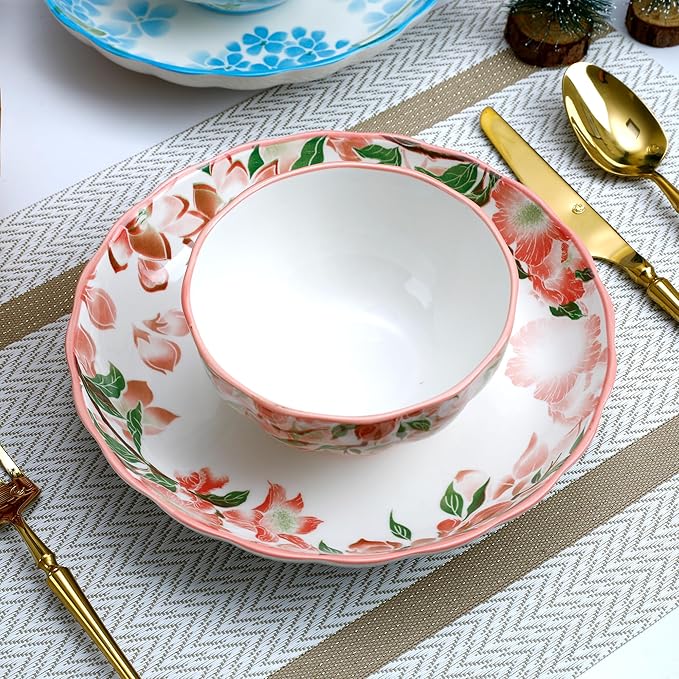 White &amp Blue Floral Porcelain Dinnerware Set 14-Piece Plates &amp Bowls Sets Microwave &amp Dishwasher Safe Elegant Gift Packaging