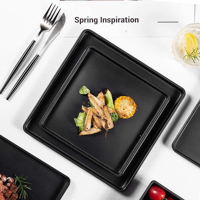 Melamine Dinnerware Sets - 12pcs Square Plates and Bowls Set Dishes Set Black