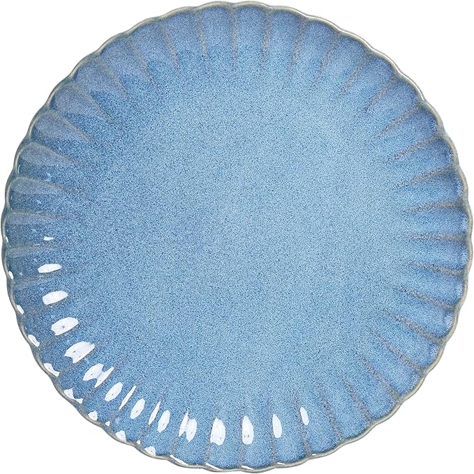Sango 12 Pieces Stoneware Dinnerware Set Modern Reactive Blue Dishes for 4 Premium Serving Plates and Bowls Sets Chip Resistant Plate Ceramic Dishware Kitchen Dish Set Scallop Dining Ware Frill