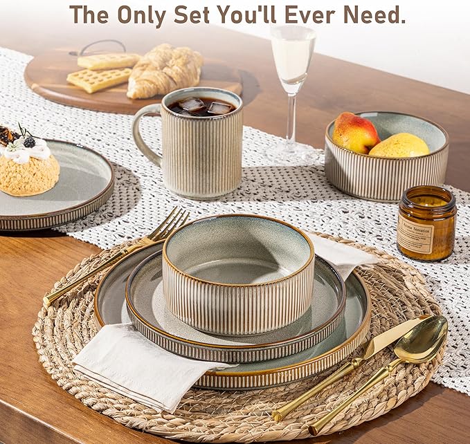 GBHOME 18-Piece Stoneware Dinnerware Set for 6 – Ribbed Ceramic Plates and Bowls Scratch-Resistant Microwave &amp Dishwasher Safe Reactive Glaze Mist Green