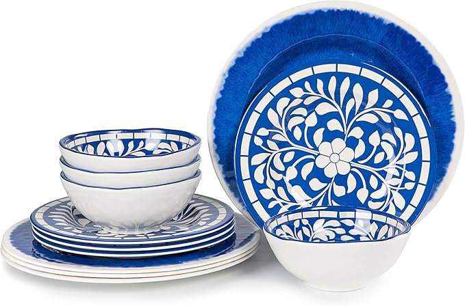 Melamine Dinnerware Set - 12 Pcs Dinner Dishes Set for 4 Plates and Bowls Set for Indoor &amp Outdoor Use- Dishwasher Safe Unbreakable Blue