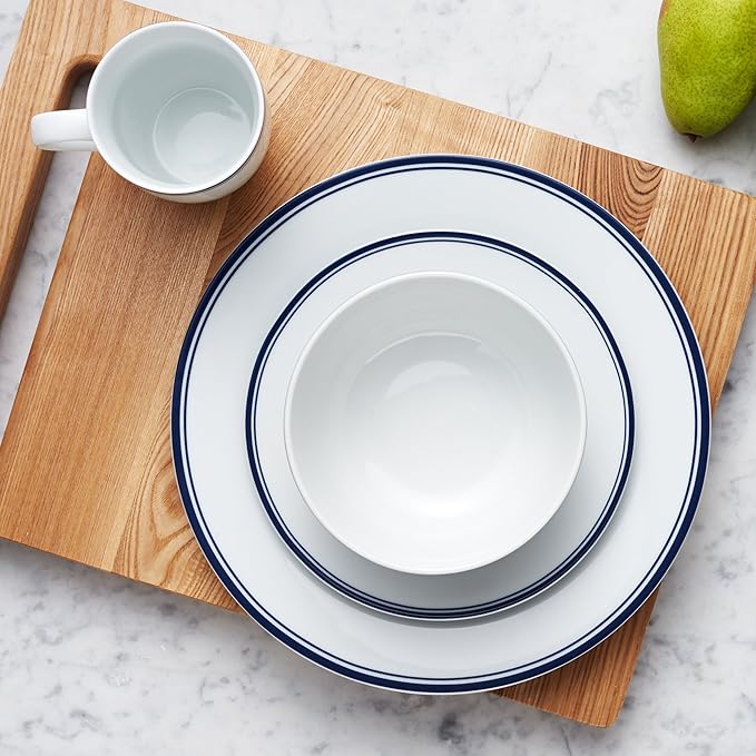 Amazon Basics 16-Piece Cafe Stripe Dinnerware Set Microwave and Dishwasher Safe Plates Bowls Mugs Service for 4 Blue