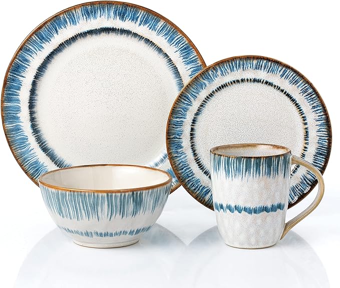 Lorren Home Trends 16 Piece Stoneware Set-Blue Swirl