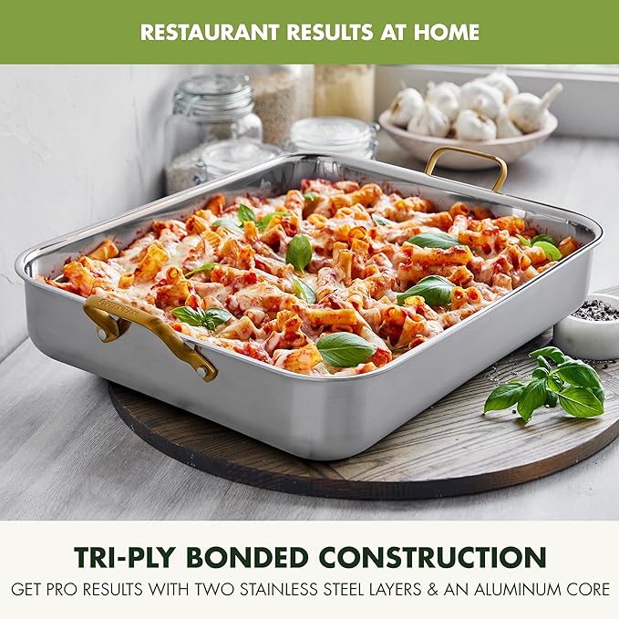 GreenPan Reserve 16 x 13 Tri-Ply Stainless Steel Roasting Pan with Roaster Rack Multiclad Cookware Induction Suitable Gold Stainless Steel Handles Dishwasher &amp Oven Safe Silver