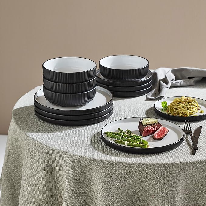 Christian Siriano Laro 12-Piece Stoneware Dinnerware Set Plates and Bowls Set Microwave and Dishwasher Safe Dish Set for 4 Black
