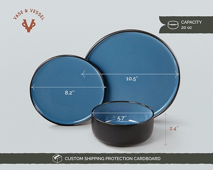 Dinnerware Set 12 Piece Service for 4 Vase and Vessel Ceramic 10.5” Dinner Plates 8.2” Salad Plates and 20 oz Bowls Stoneware Somerset Collection (Black/Slate Blue)
