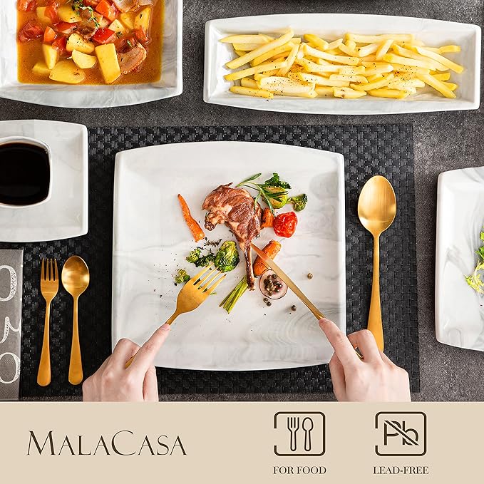 MALACASA Dinnerware Sets 32 Pieces Porcelain Plates and Bowls Sets for 6 Marble Grey Dishes with Plates and Bowls Cups and Saucers Side Dish Plates Square Dinner Set Series Blance