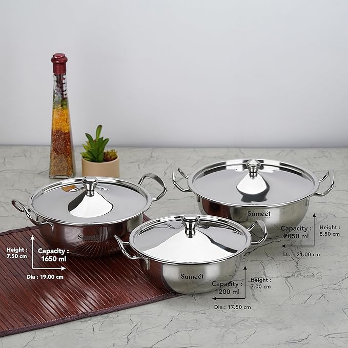 Sumeet Big Size Stainless Steel Cook and Serve Induction Handi Set with Lid and Handle Set of 3Pc 1200ML1650ML &amp 2050ML Silver