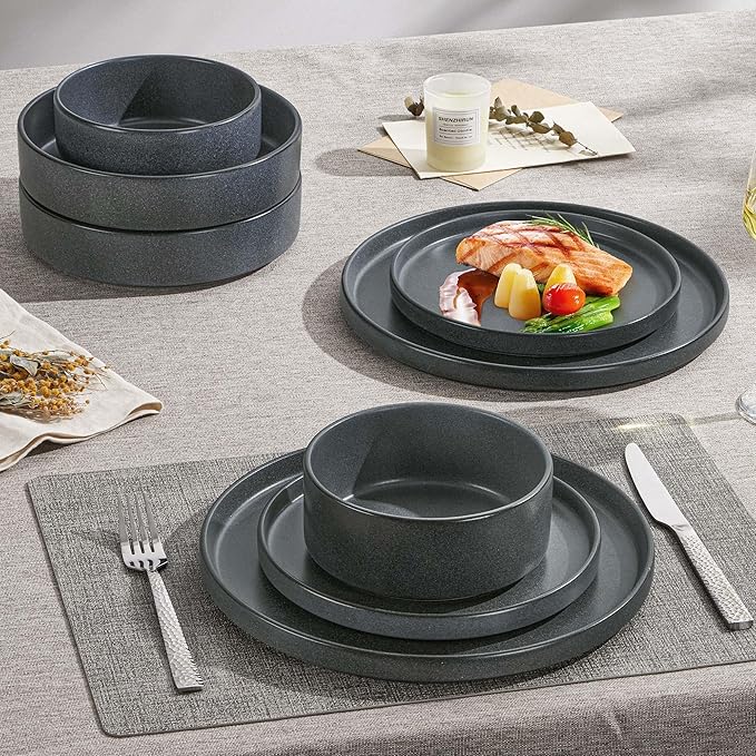 Herogo 16 Piece Plates and Bowls Set Ceramic Dinnerware Sets with Pasta Bowls Kitchen Dinner Ware Dishes Service for 4 Chip &amp Scratch Resistant Dishware Dark Gray
