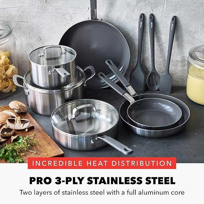 GreenPan x Bobby Flay Stainless Steel 12 Piece Cookware Pots &amp Pans Set Professional Grade Tri-Ply Multiclad PFAS-Free Ceramic Nonstick Induction Suitable Dishwasher &amp Oven SafeStay Cool