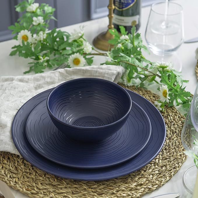 Bzyoo 12 Piece Melamine Dinnerware Set - Durable Dishwasher Safe Organica Navy Blue Plates and Bowls Sets Casual Dish Set for Dining Outdoor and Kitchen