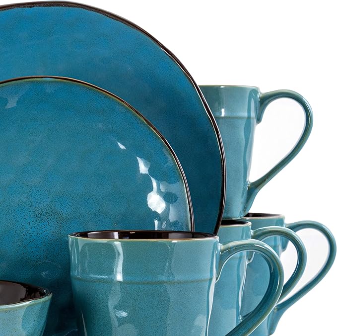 Elama Sea Glass 16 Piece Round Stoneware Dinnerware Set in Turquoise