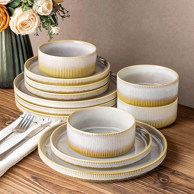 TheTerra Ceramic Dinnerware Sets for 4 12 Pieces Porcelain Lightweight Plates and Bowls Sets Scratch Resistant Dish Set Oven &amp Microwave &amp Dishwasher Safe Autumn Haze